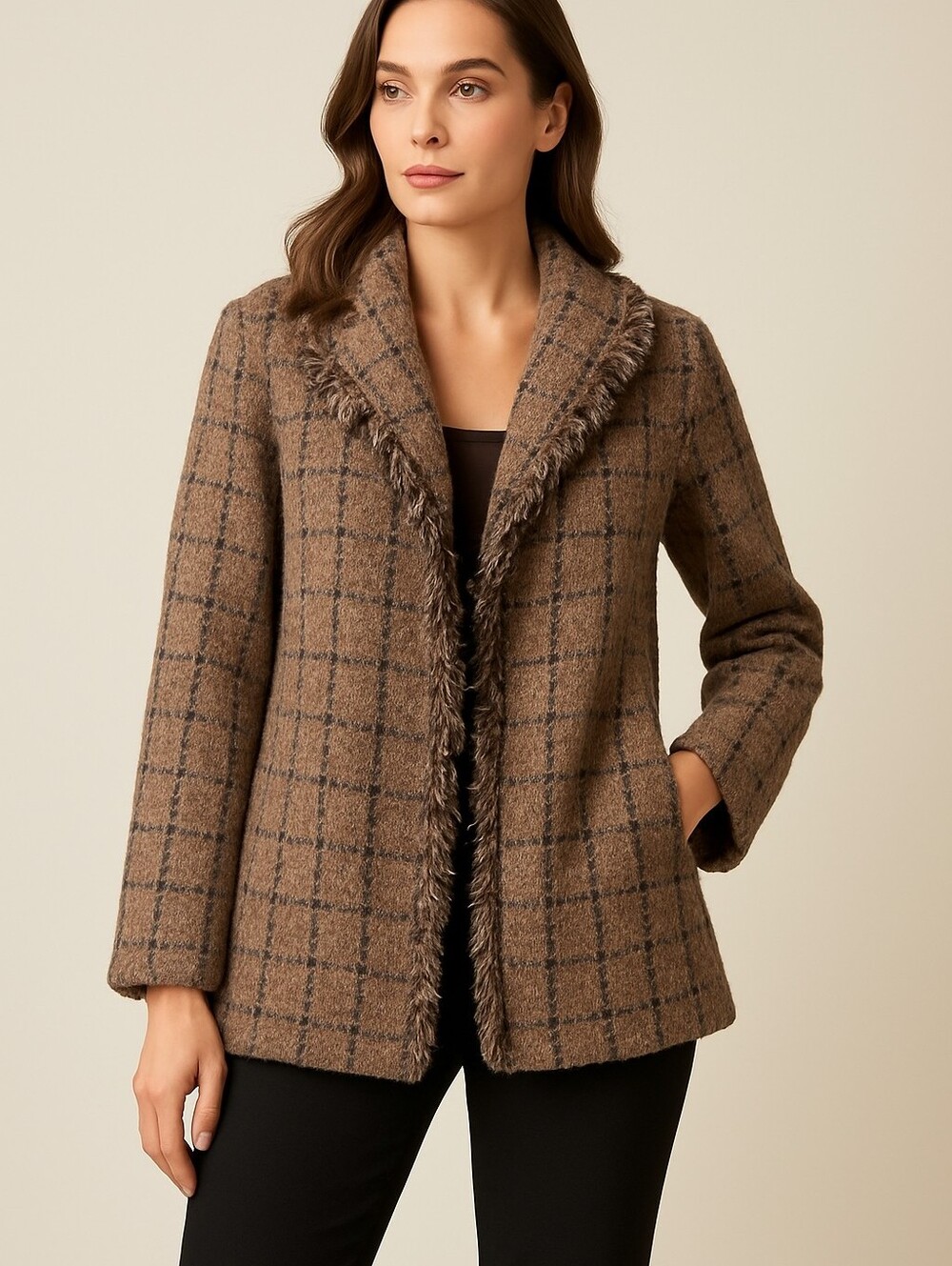 Harve Benard Vintage brown knit over coat with fringe hem / l /xl